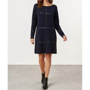VTG Ellen Tracy Sweater Dress Sm Navy Blue Beaded Grid Shift Angora Wool Retro